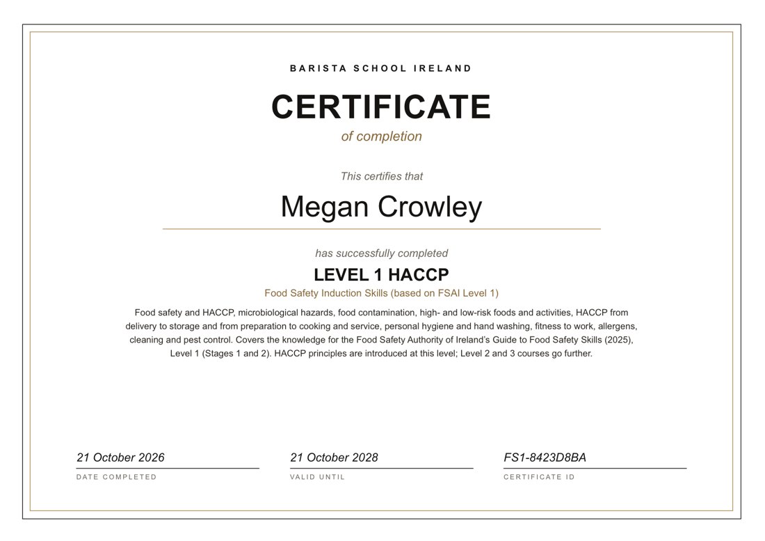 A sample Level 1 HACCP certificate of completion from Barista School Ireland