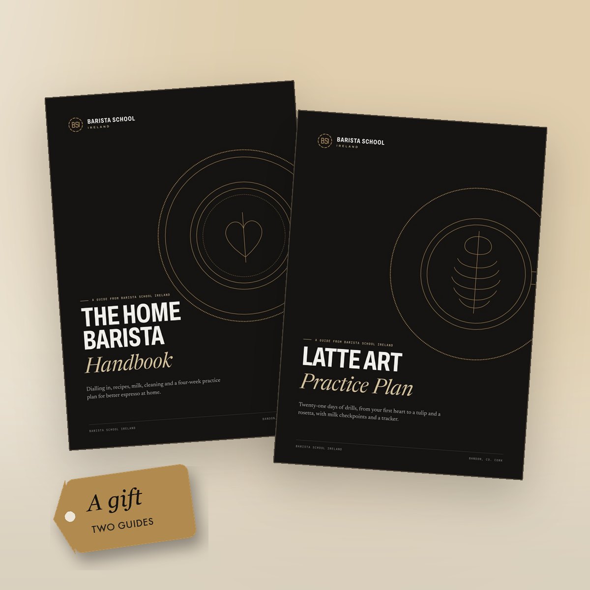 The Home Barista Handbook and the Latte Art Practice Plan, with a gift tag