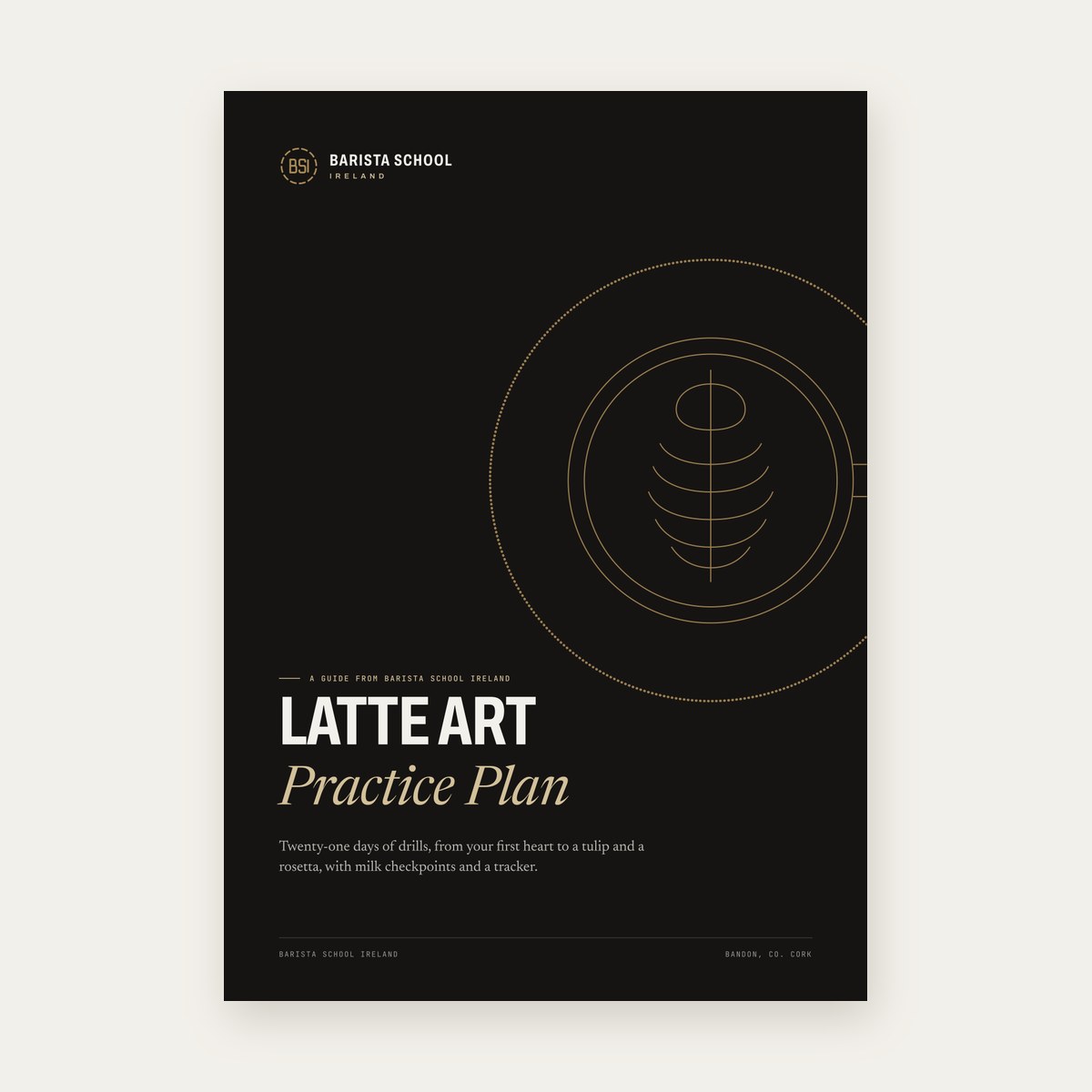 Cover of the Latte Art Practice Plan, a PDF guide from Barista School Ireland