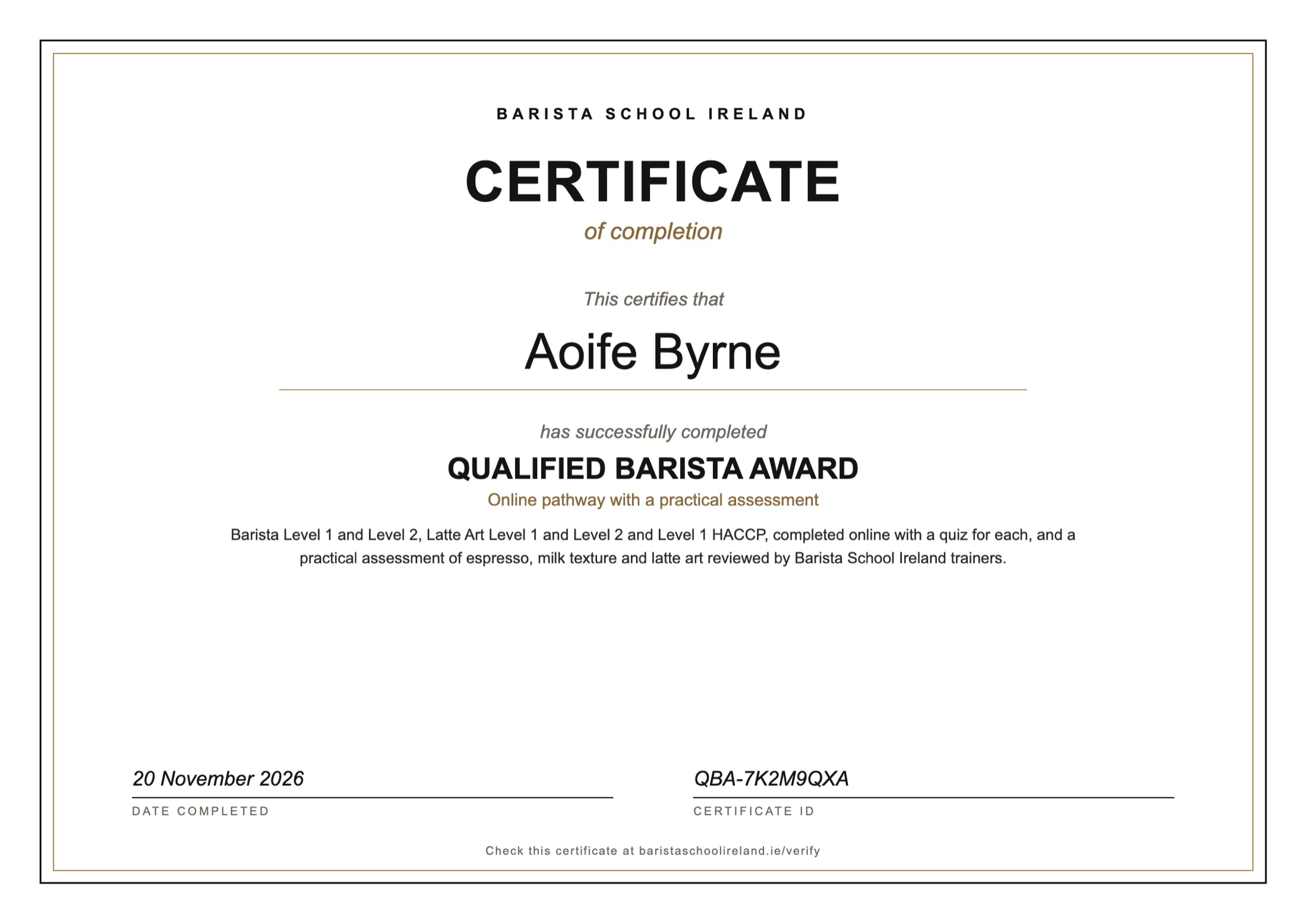 A sample Qualified Barista Award certificate from Barista School Ireland