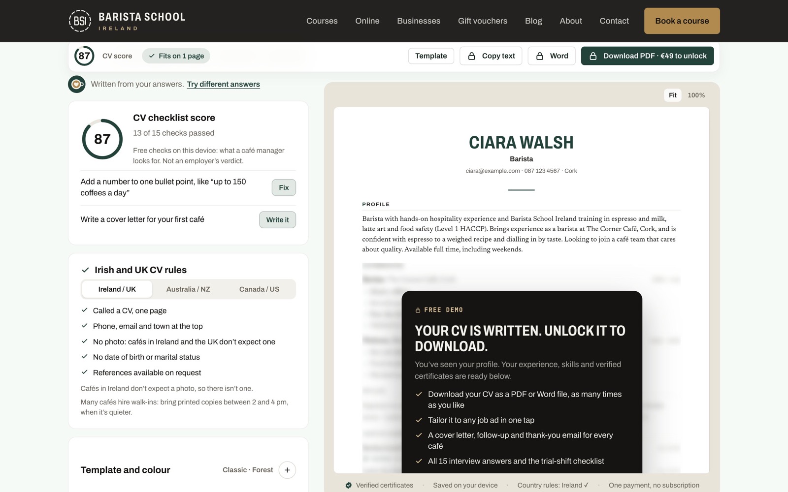 The Barista CV Builder with a sample CV