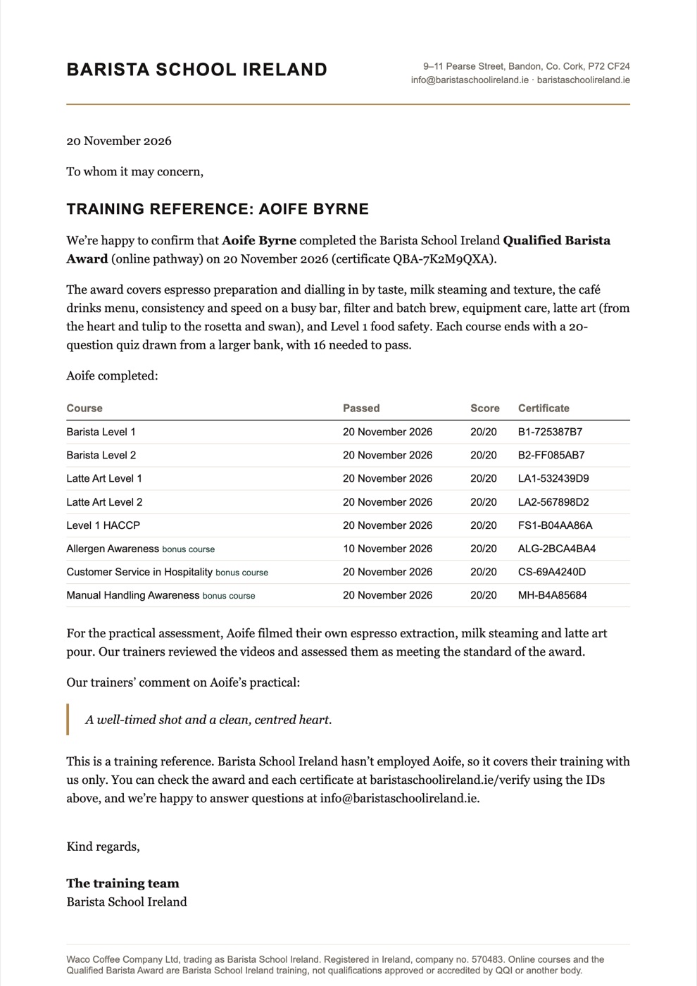A sample training reference letter from Barista School Ireland